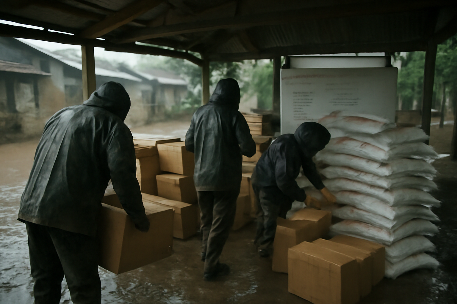Relawan menata kotak sumbangan di posko bantuan banjir berlantai basah
