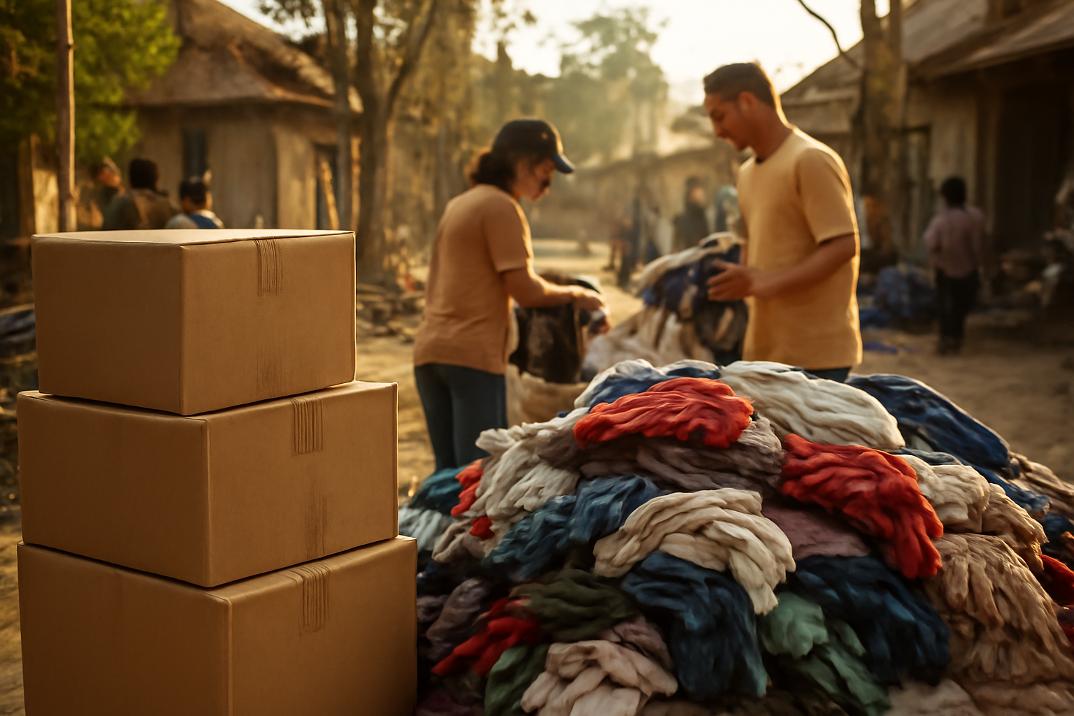 Tumpukan kardus donasi barang di posko bantuan bencana yang sedang disortir relawan