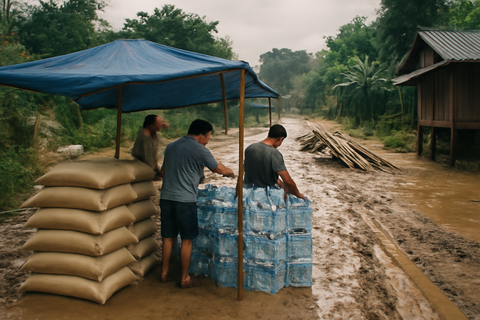 Tumpukan karung beras dan air mineral di posko bantuan sementara dekat jalan desa yang rusak akibat banjir