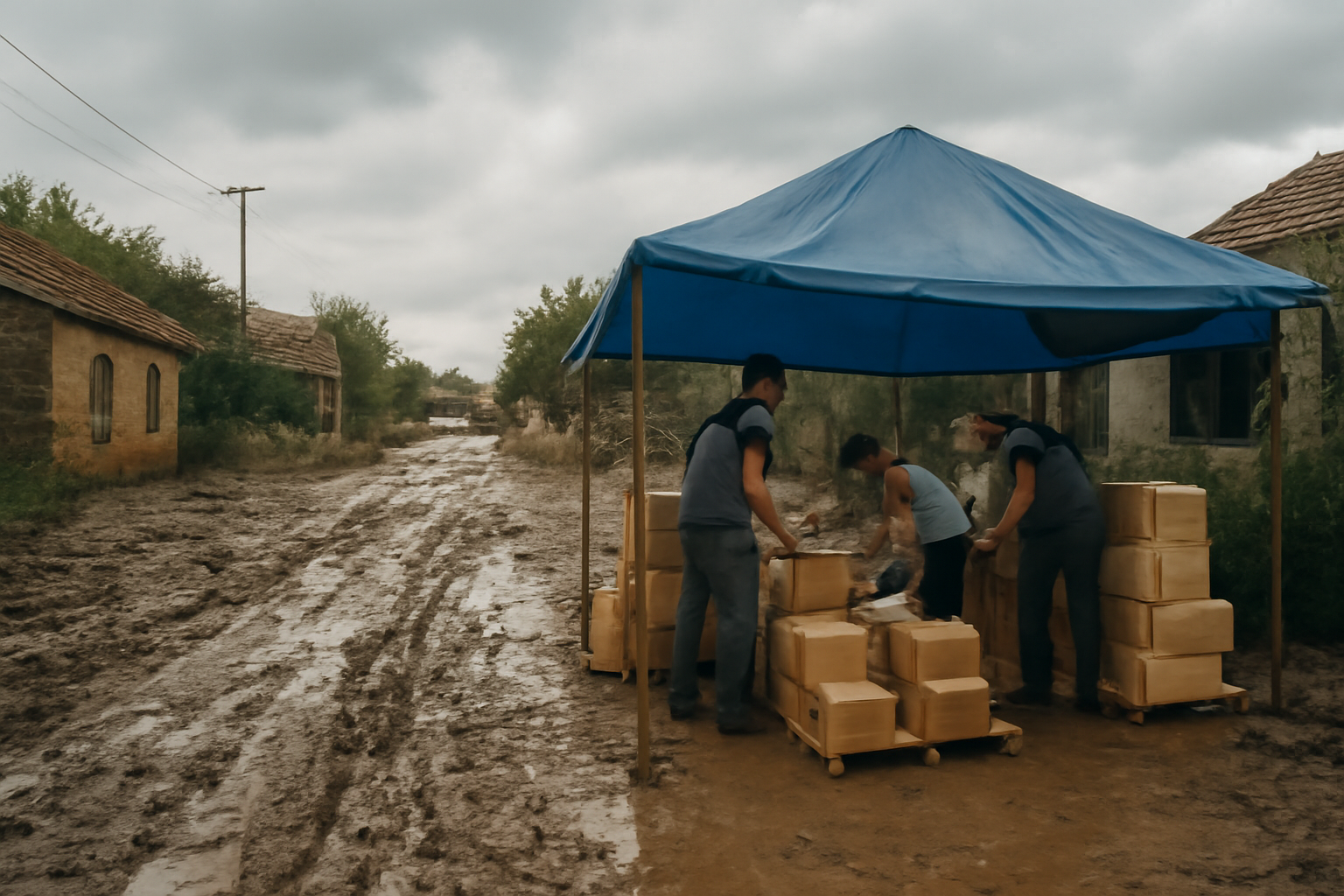 Posko bantuan di pinggir jalan desa pascabanjir dengan tumpukan logistik yang belum merata